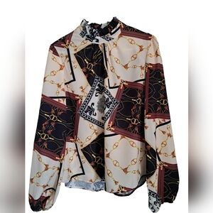 Ladies lightweight blouse high neck ruffle western abstract BOHO SHIRT size LG